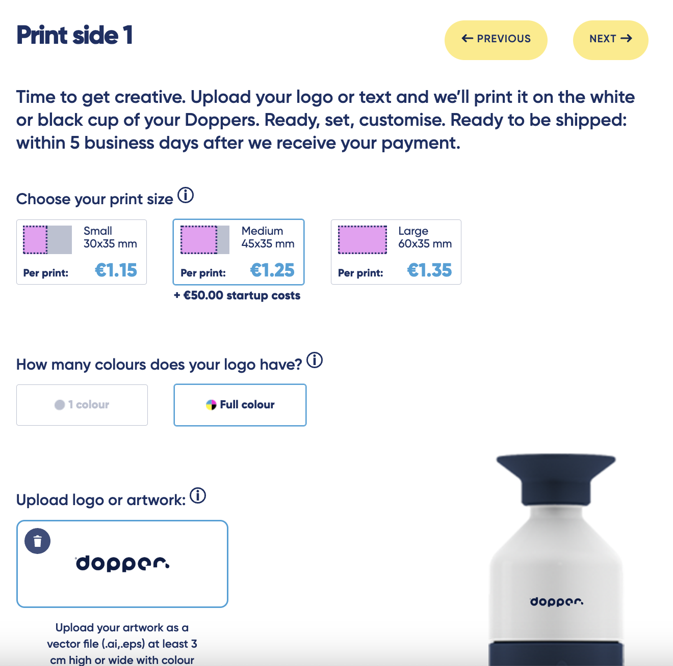 Screenshot of print side 1 page in the B2B customiser tool by Dopper