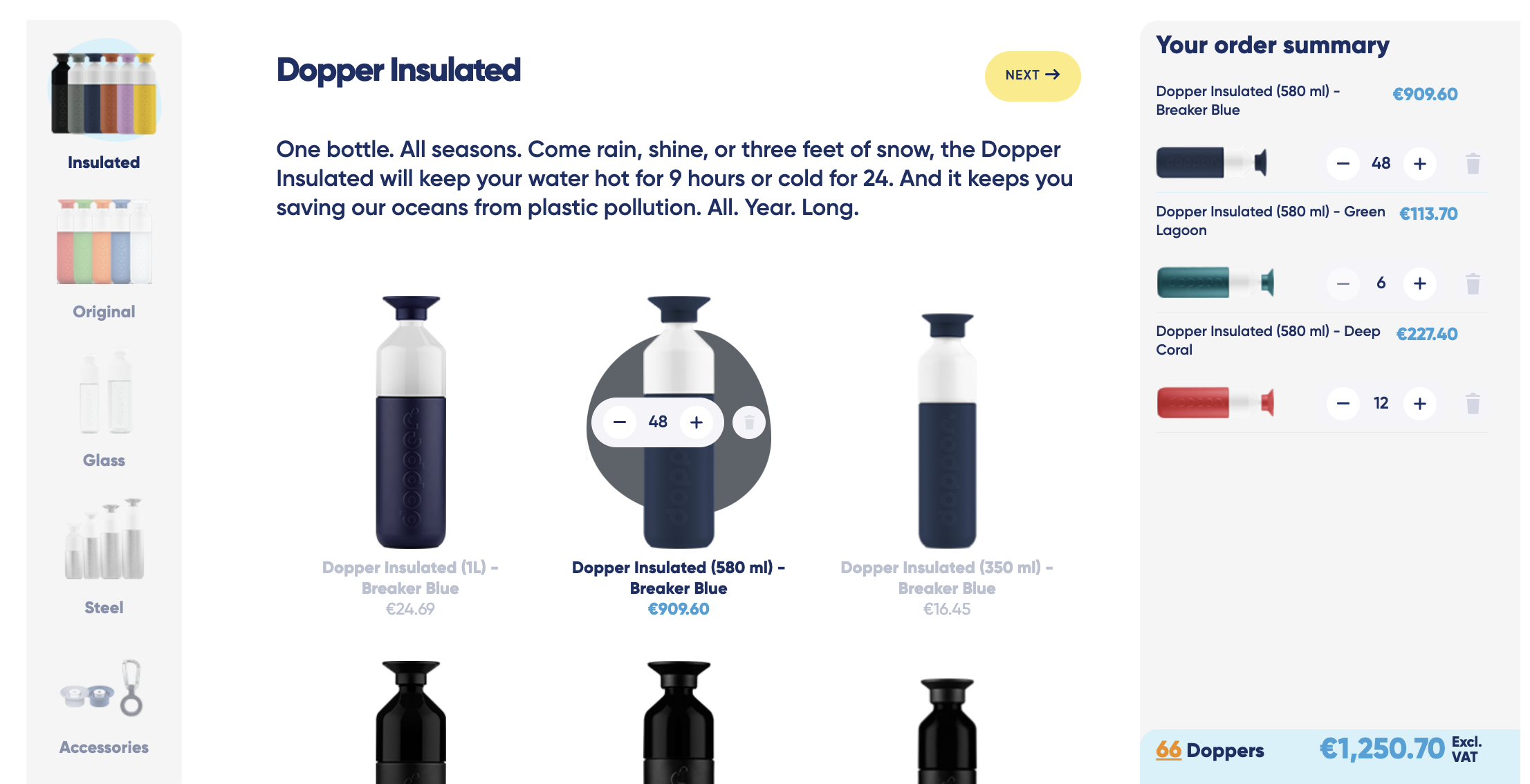 Screenshot of Dopper bottles added in the B2B customiser online tool